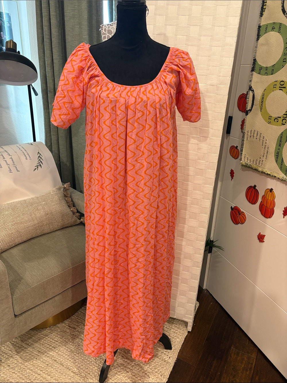 Zara Pink and Orange Wave-Print Maxi Dress
